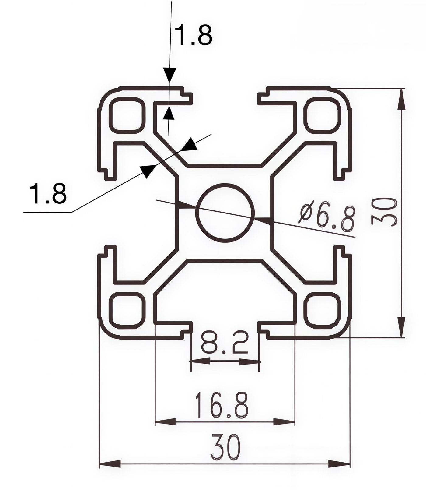 Herstellerzeichnung HT-8-3030B — Außenmaße, Nutöffnung, Nutgrund, Kernbohrung, Deckwand und Diagonalsteg in mm.