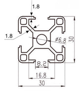 Ma&szlig;zeichnung Aluminium-Nutprofil 30 × 30 mm