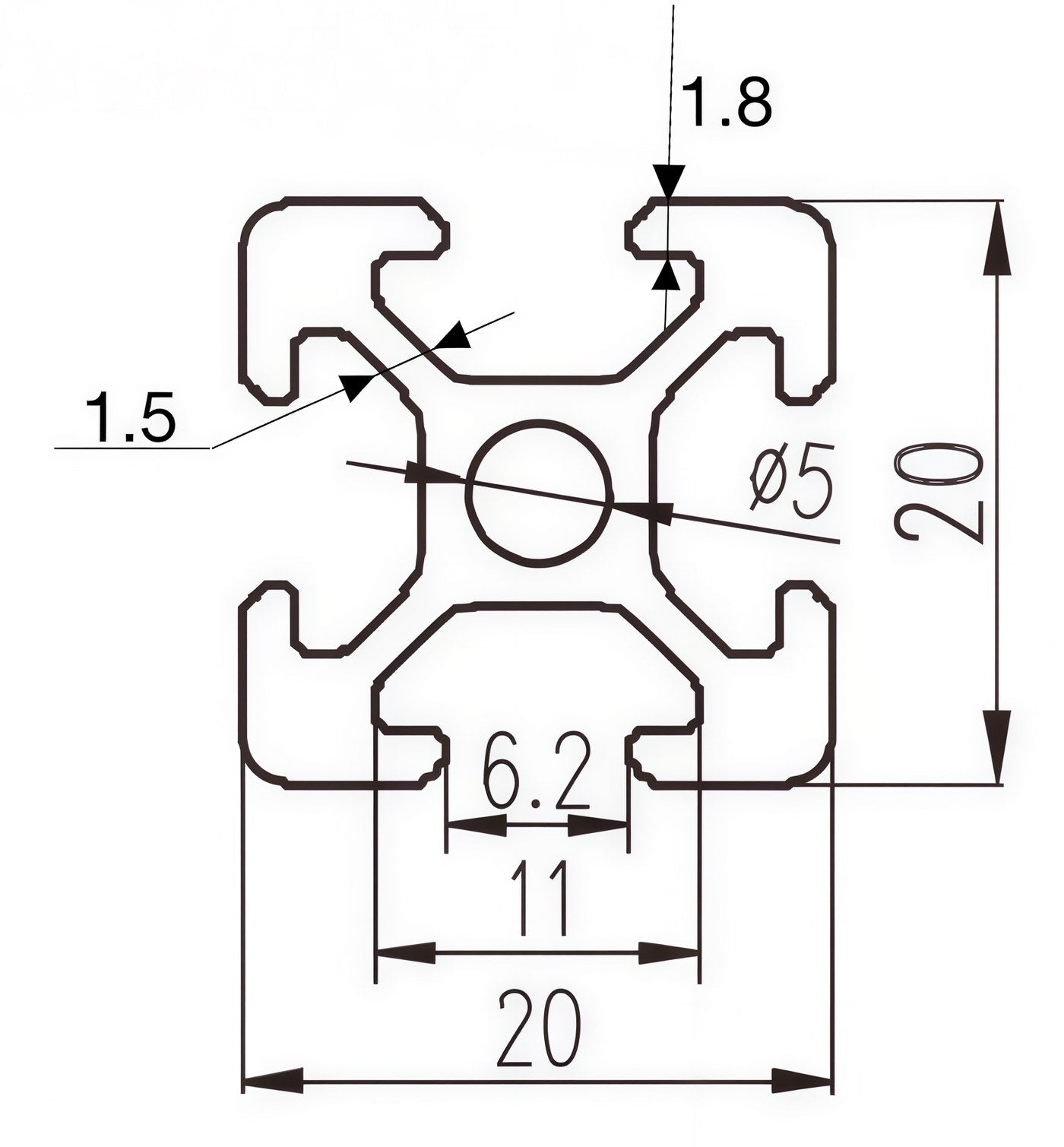 Bemaßte Zeichnung 20 × 20 mm · Nut 6